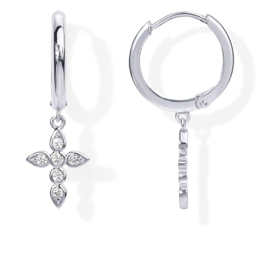 14K Gold Plated Lightweight Drop Dangle Huggie Hoop Cross Earrings White Gold